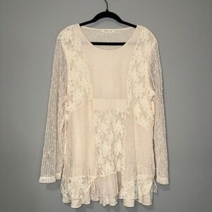 Indigo Soul Womens XL Cream Lace Patchwork Tunic Top Boho Floral Long Sleeves